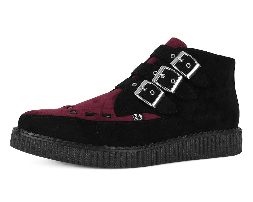 A3290 Black & Burgundy 3-Buckle Pointed Creeper Boot - T.U.K. Shoes