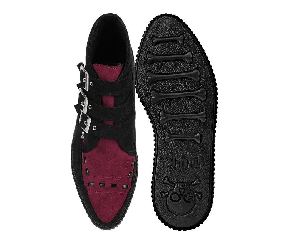 A3290 Black & Burgundy 3-Buckle Pointed Creeper Boot - T.U.K. Shoes