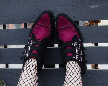 A3290 Black & Burgundy 3-Buckle Pointed Creeper Boot - T.U.K. Shoes