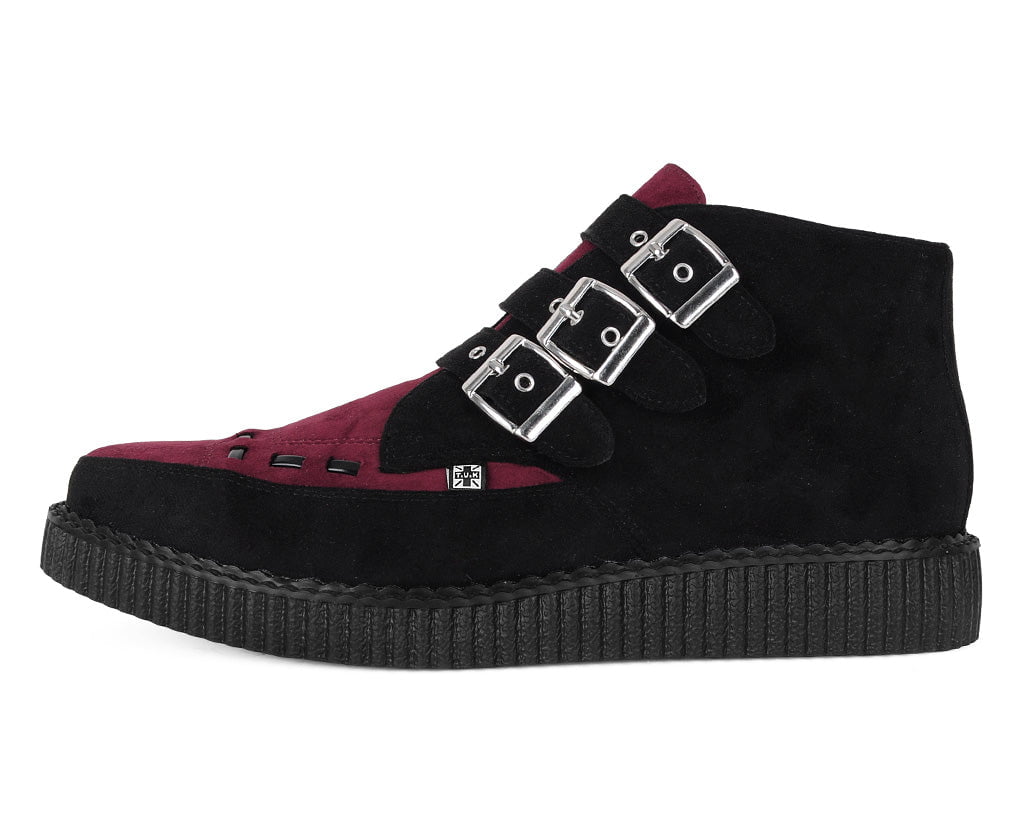 A3290 Black & Burgundy 3-Buckle Pointed Creeper Boot - T.U.K. Shoes