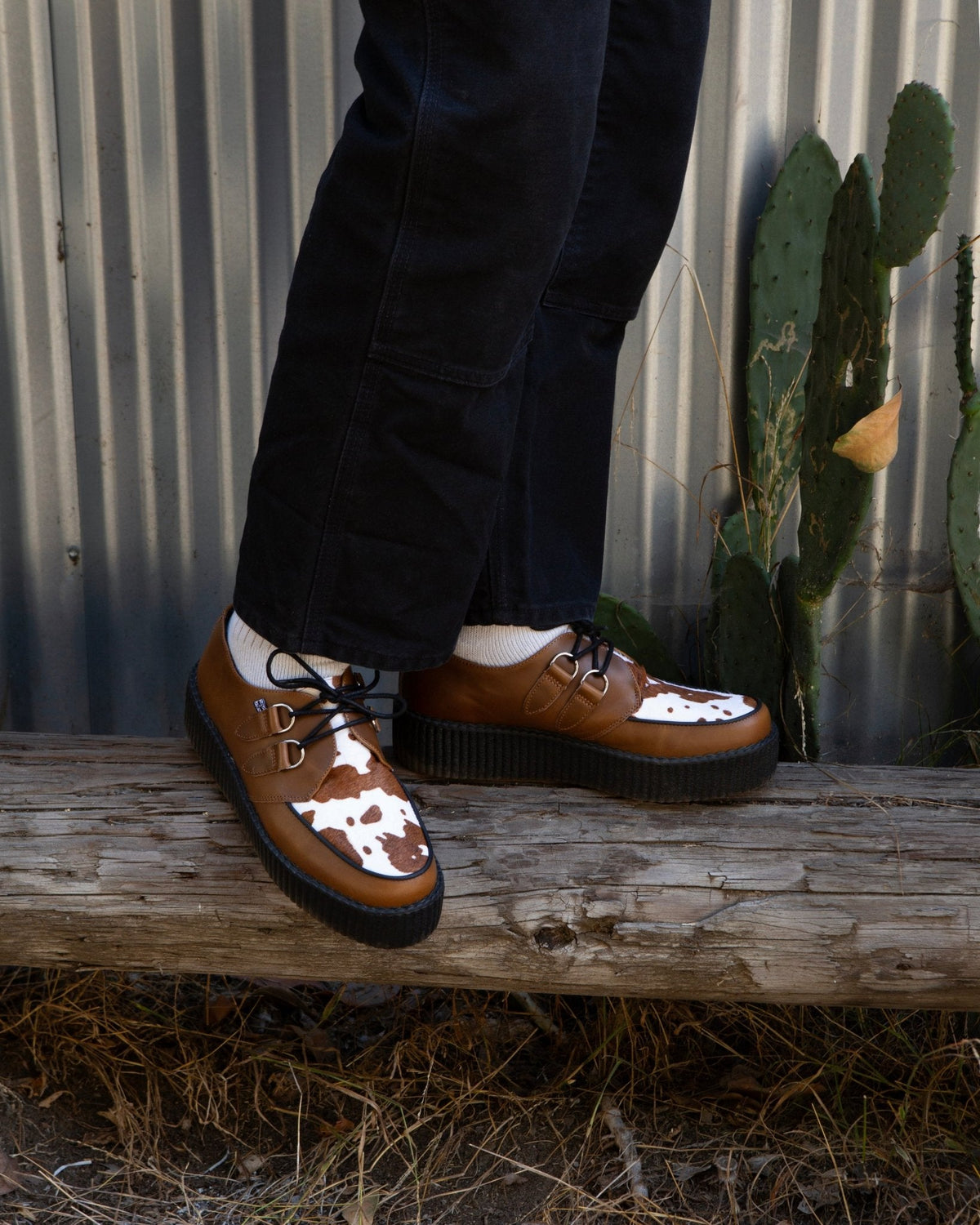 V3410 Brown Leather Cow Print Viva Mondo Creepers - T.U.K. Shoes