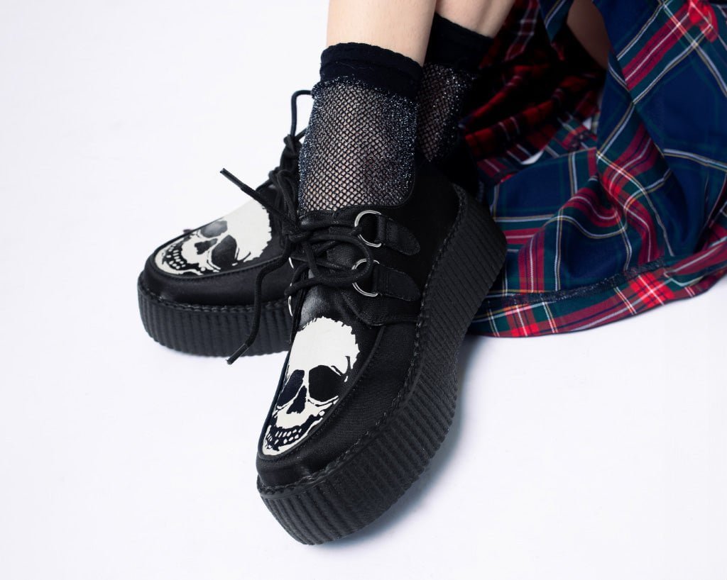 V3221 Black Satin Glow Skull Viva Mondo Creeper - T.U.K. Shoes