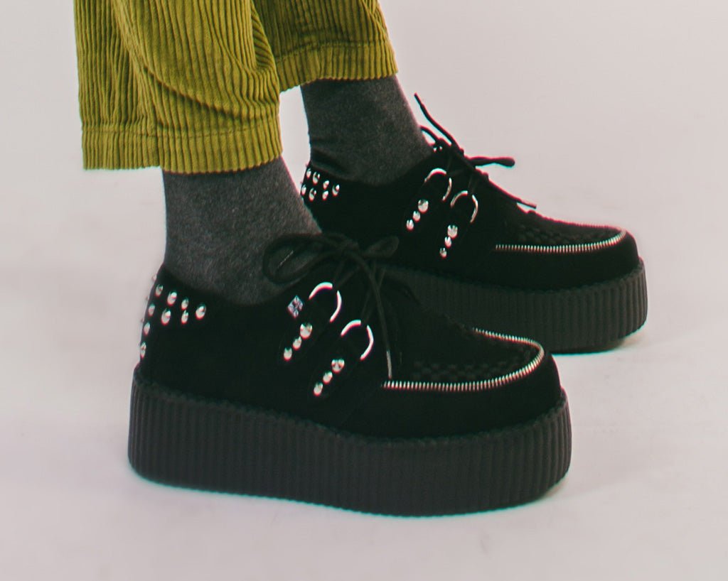 V3075 Black Suede Zipper Studded Mondo Creeper - T.U.K. Shoes