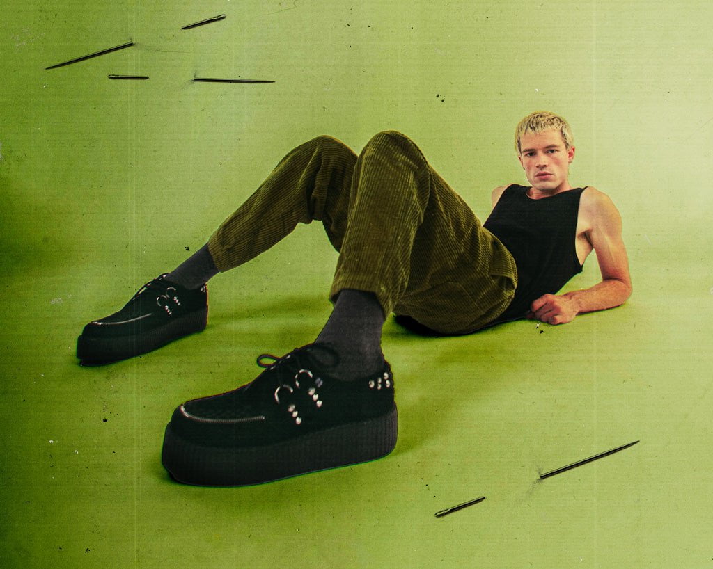 V3075 Black Suede Zipper Studded Mondo Creeper - T.U.K. Shoes