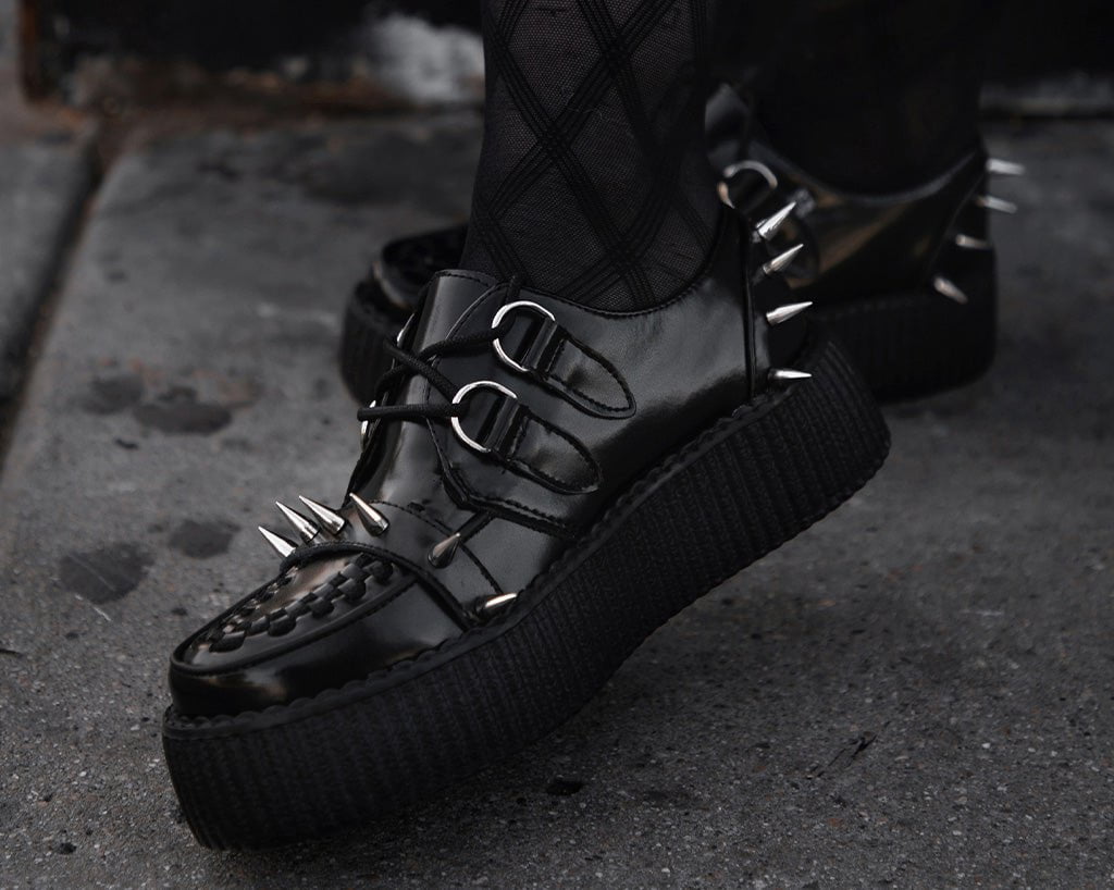 V3341 Black Leather Spike Viva Mondo Creeper - T.U.K. Shoes