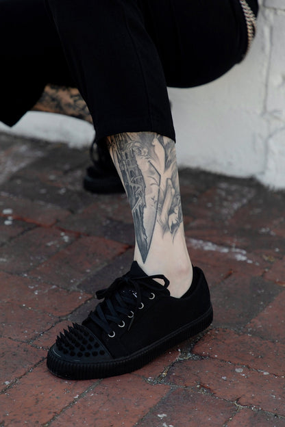 A3428 Black Twill  Spiked  Lace Up Sneaker - T.U.K. Shoes