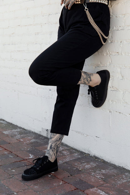 A3428 Black Twill  Spiked  Lace Up Sneaker - T.U.K. Shoes