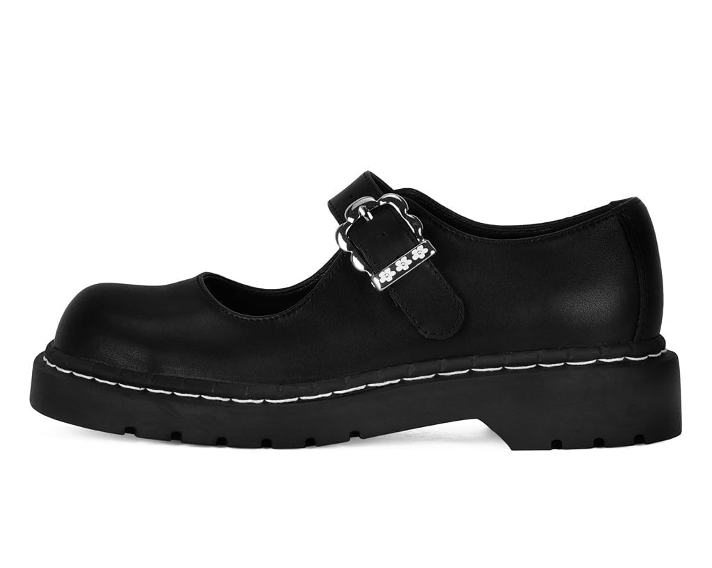 T2358 Black Suede Flower Buckle Mary Jane - T.U.K. Shoes