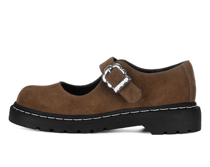 T2359 Brown Suede Flower Buckle Mary Jane - T.U.K. Shoes