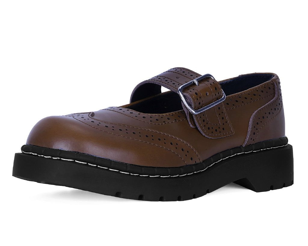 T2349 Brown Leather Brogue Mary Jane - T.U.K. Shoes