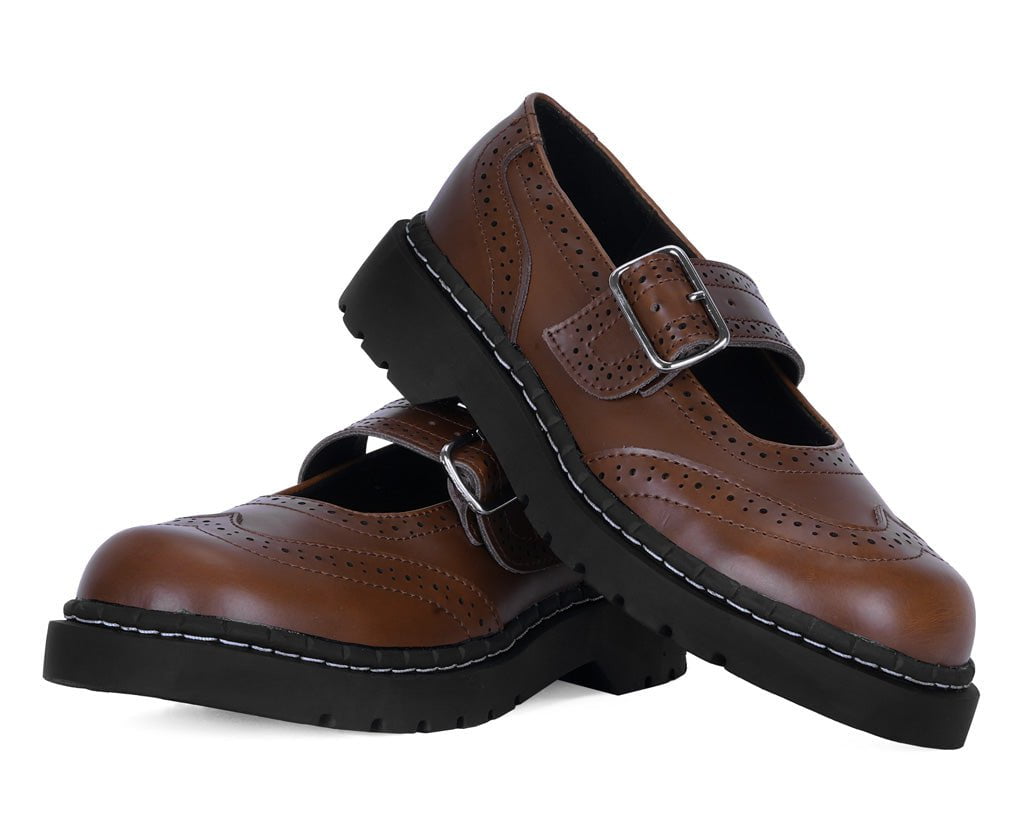T2349 Brown Leather Brogue Mary Jane - T.U.K. Shoes