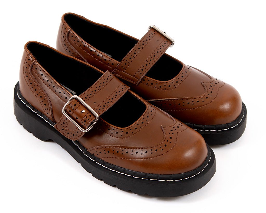T2349 Brown Leather Brogue Mary Jane - T.U.K. Shoes
