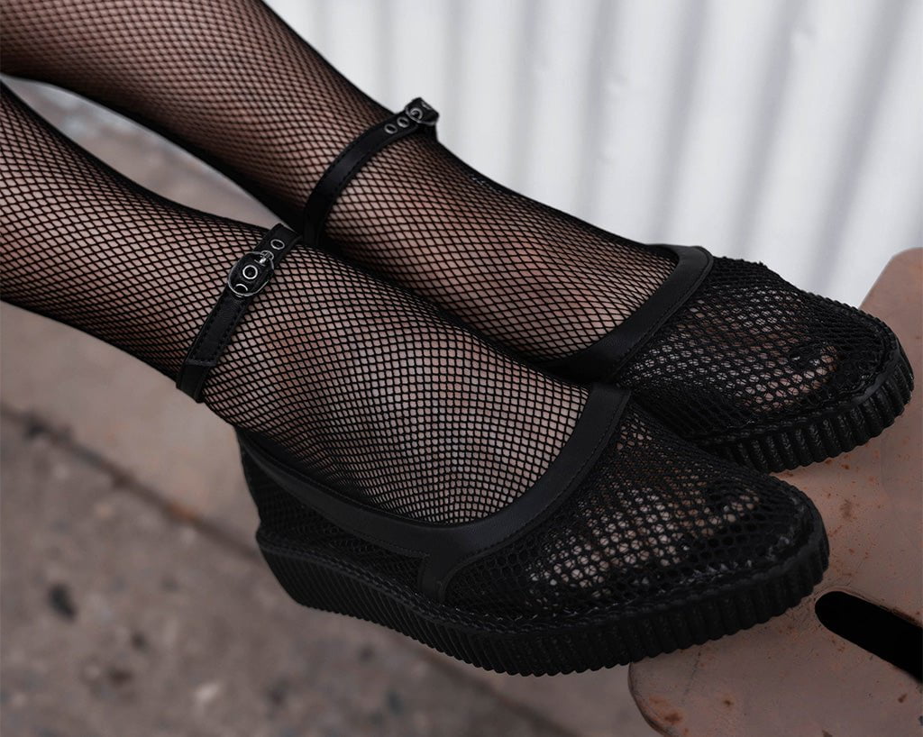 A3211L Black Fishnet Pointed Ballet Creeper - T.U.K. Shoes