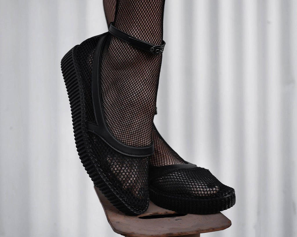 A3211L Black Fishnet Pointed Ballet Creeper - T.U.K. Shoes