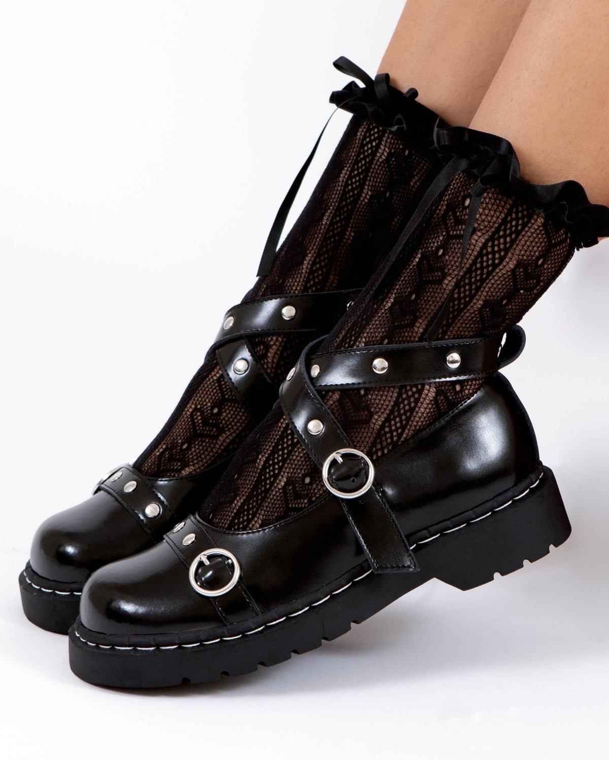 T2355 Black Leather Studded Ankle Strap Mary Jane - T.U.K. Shoes