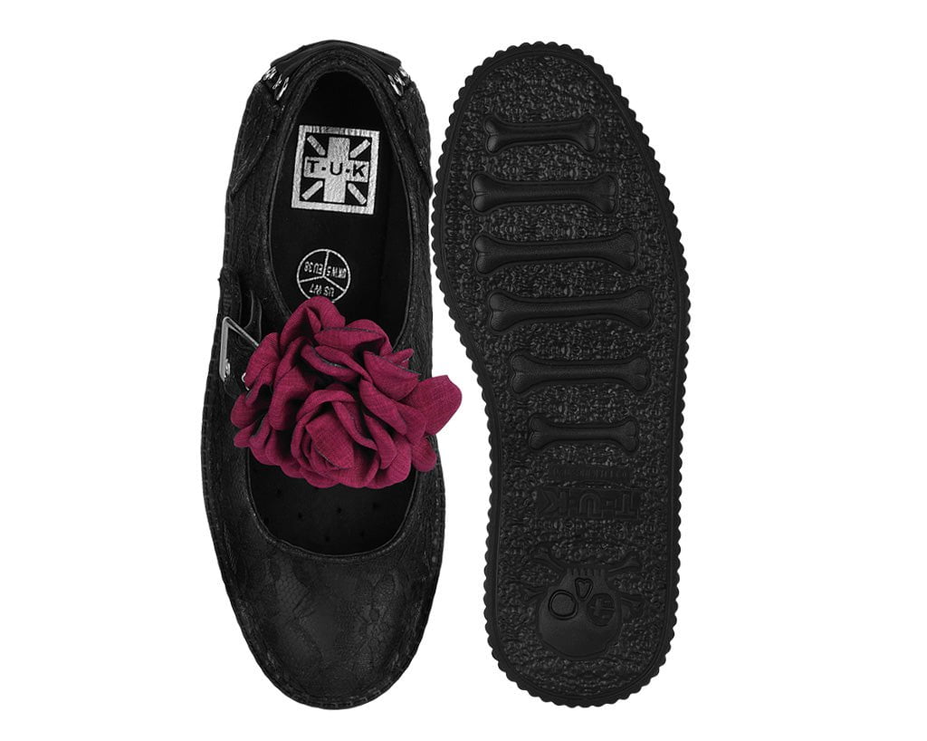 F3406L Black TUKskin Flower Lace Viva Low Mary Jane - T.U.K. Shoes