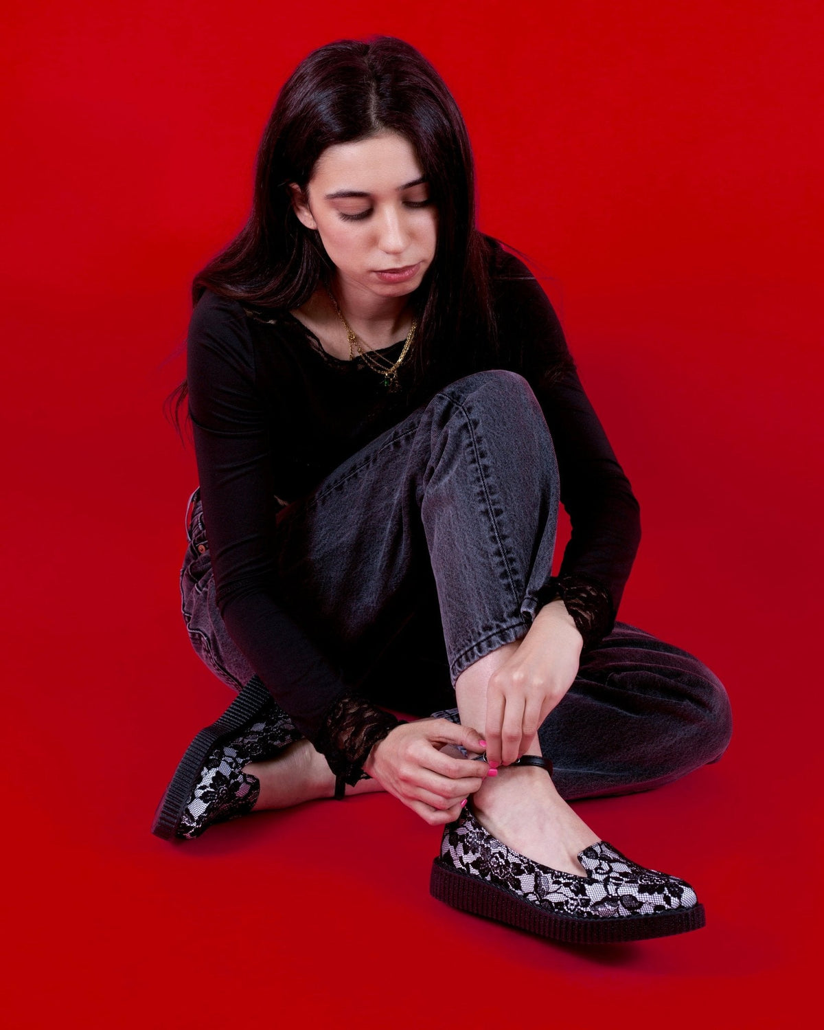 Black Satin Lace Pointed Ballet Creeper - T.U.K. Shoes