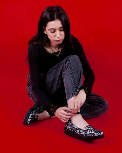 Black Satin Lace Pointed Ballet Creeper - T.U.K. Shoes