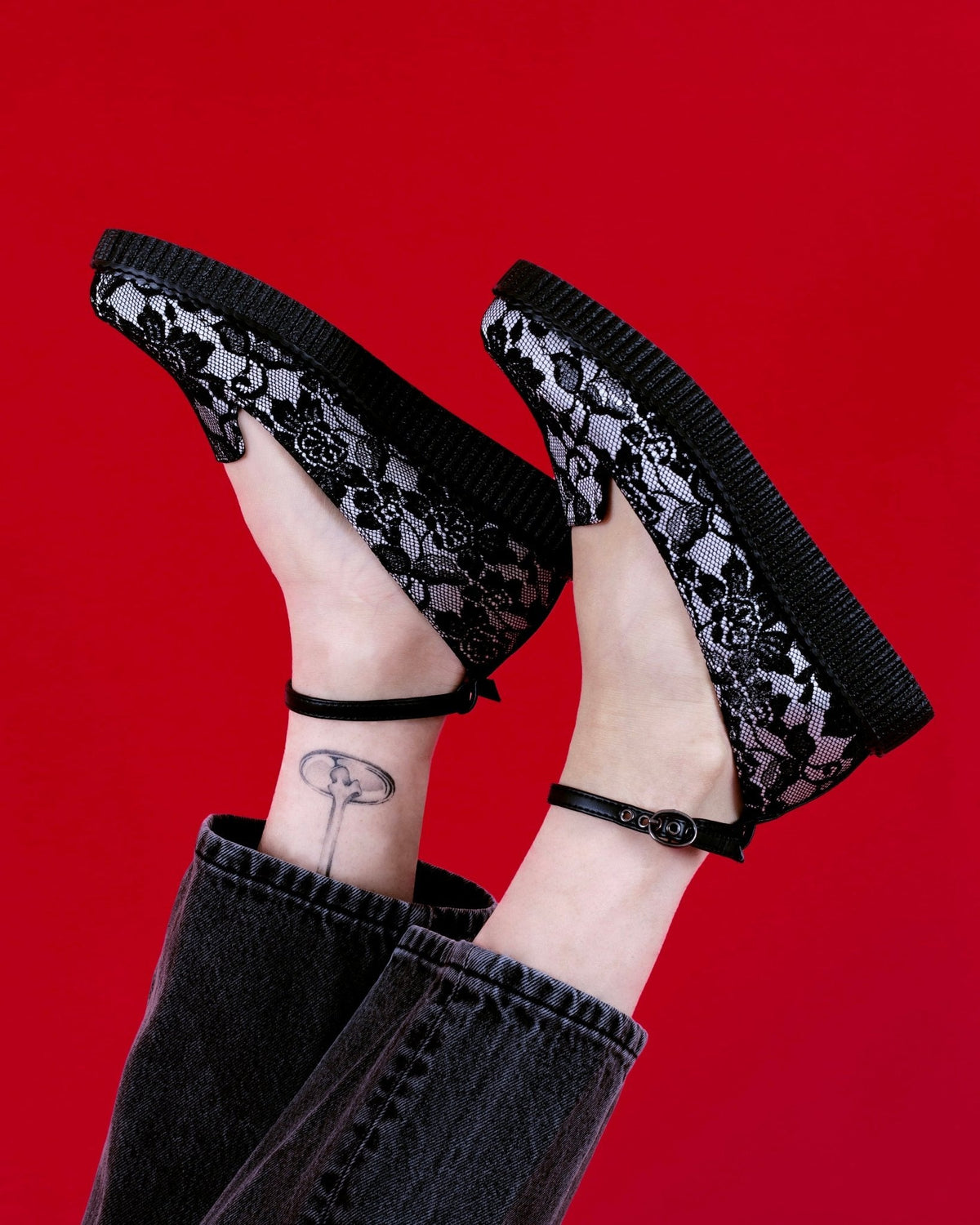 Black Satin Lace Pointed Ballet Creeper - T.U.K. Shoes