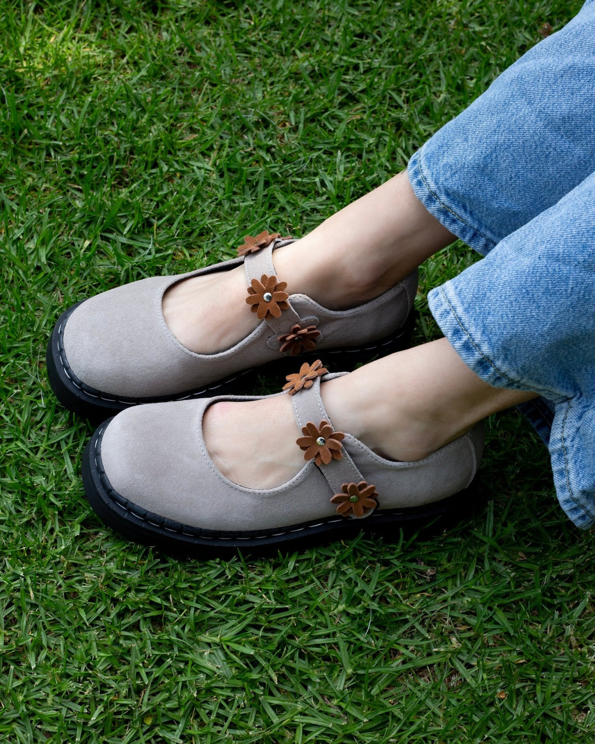 Taupe Suede Flower Mary Jane - T.U.K. Shoes