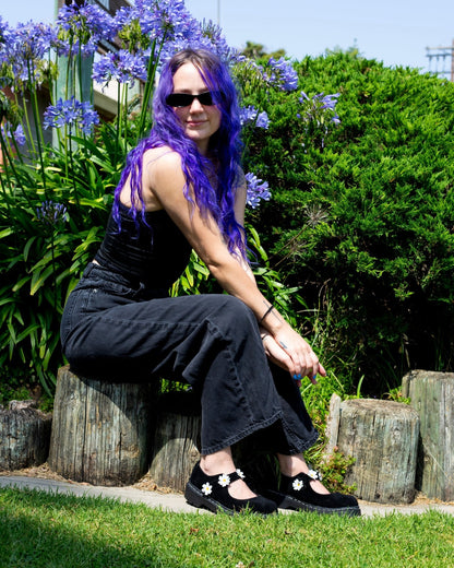 Black Suede Flower Mary Jane - T.U.K. Shoes