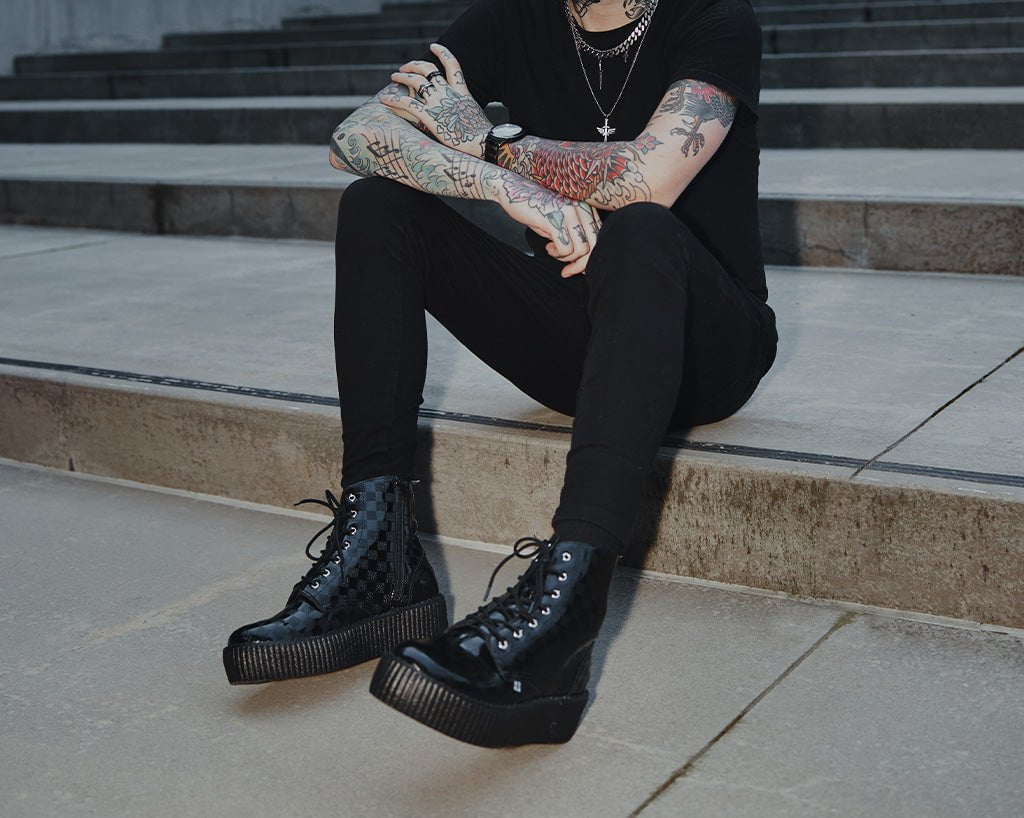 V3202 Black Checkered Patent Viva Mondo Boot - T.U.K. Shoes