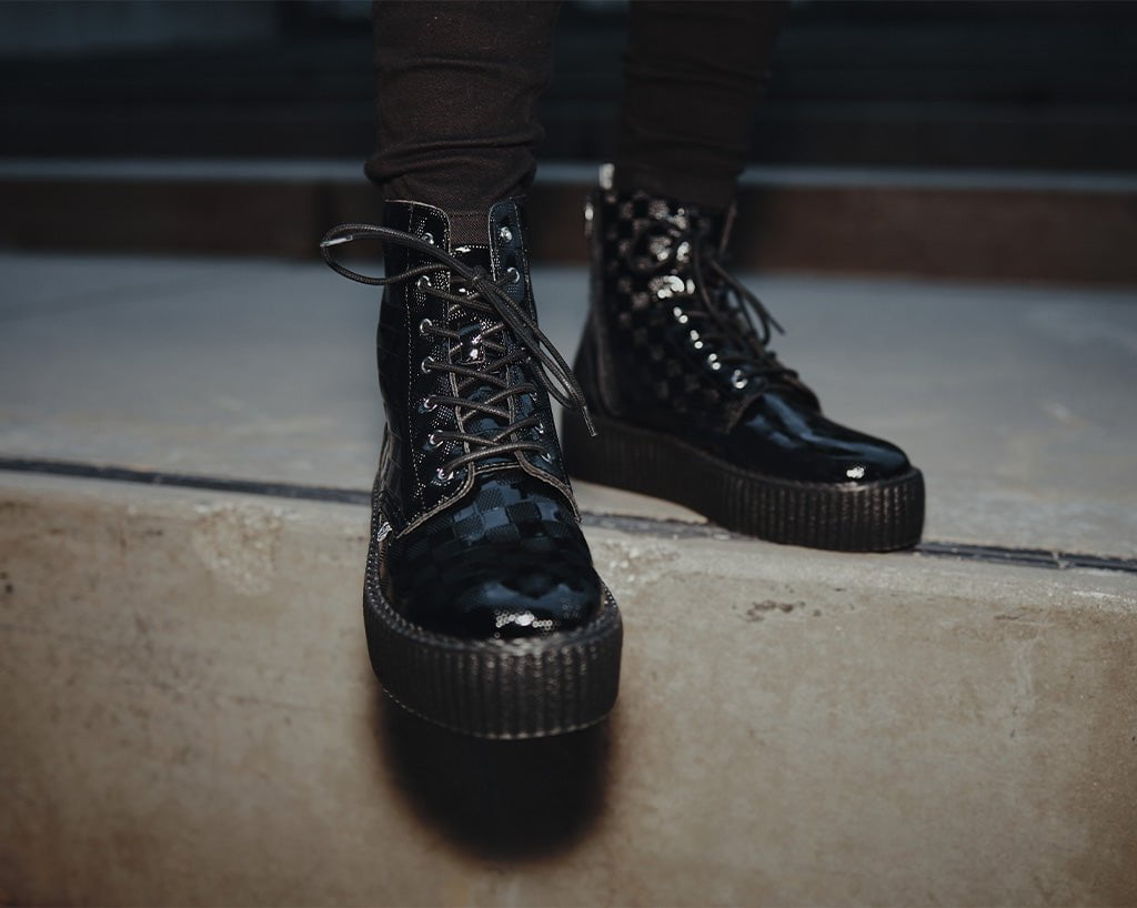 V3202 Black Checkered Patent Viva Mondo Boot - T.U.K. Shoes